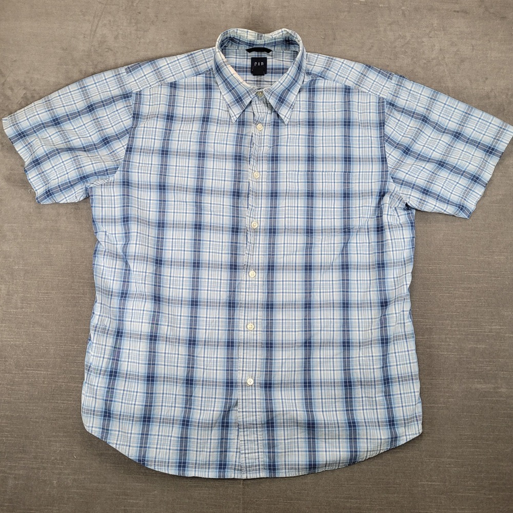 Gap Shirt Y2K Plaid Short Sleeve Button Up Shirt Blue White Mens Size Large